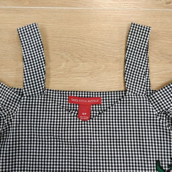 SAKS FIFTH AVENUE Cold Shoulder Top Gingham Check Floral Applique Black White S - Picture 4 of 8
